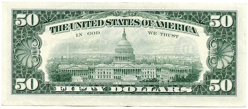 Reverse side of 1969 $50 bill
