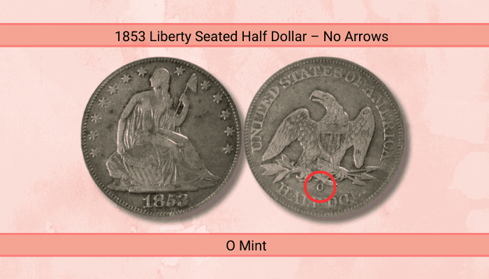 1853 O Liberty Seated Half Dollar No Arrows