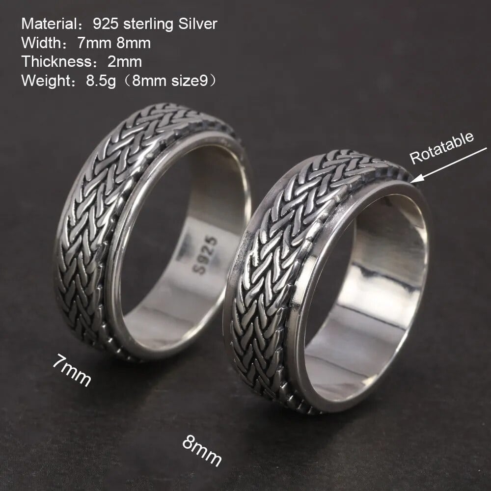 925 Sterling Silver Rotatable Rings For Men And Women Simple Hemp Rope Type Spinner Vintage Male 1